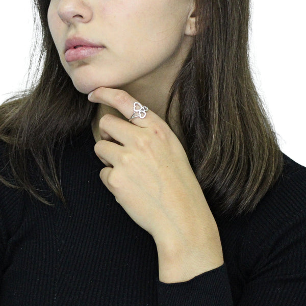 Anillo Abierto De Triple Corazón Plata Con Circonia