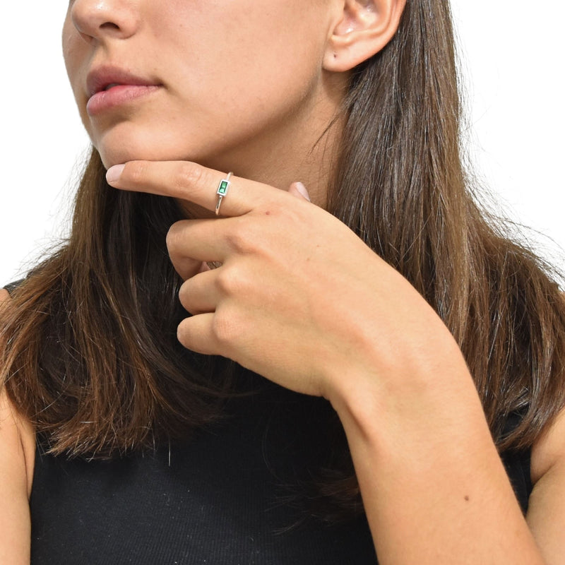 Anillo Solitario Rectángulo Chico Plata Con Circonia